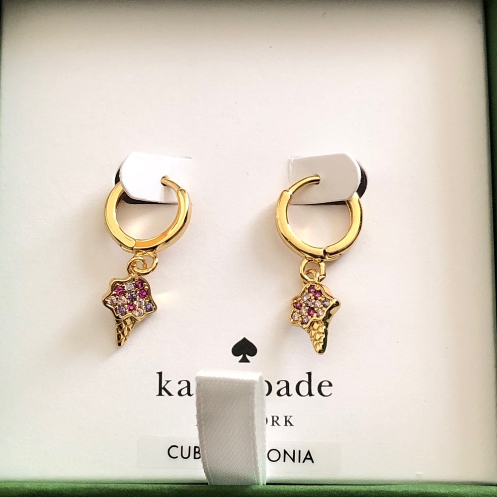 kate spade Gold Tone Huggie Hoop Earrings Ice Cream Cone Charm CZ Accents NWT